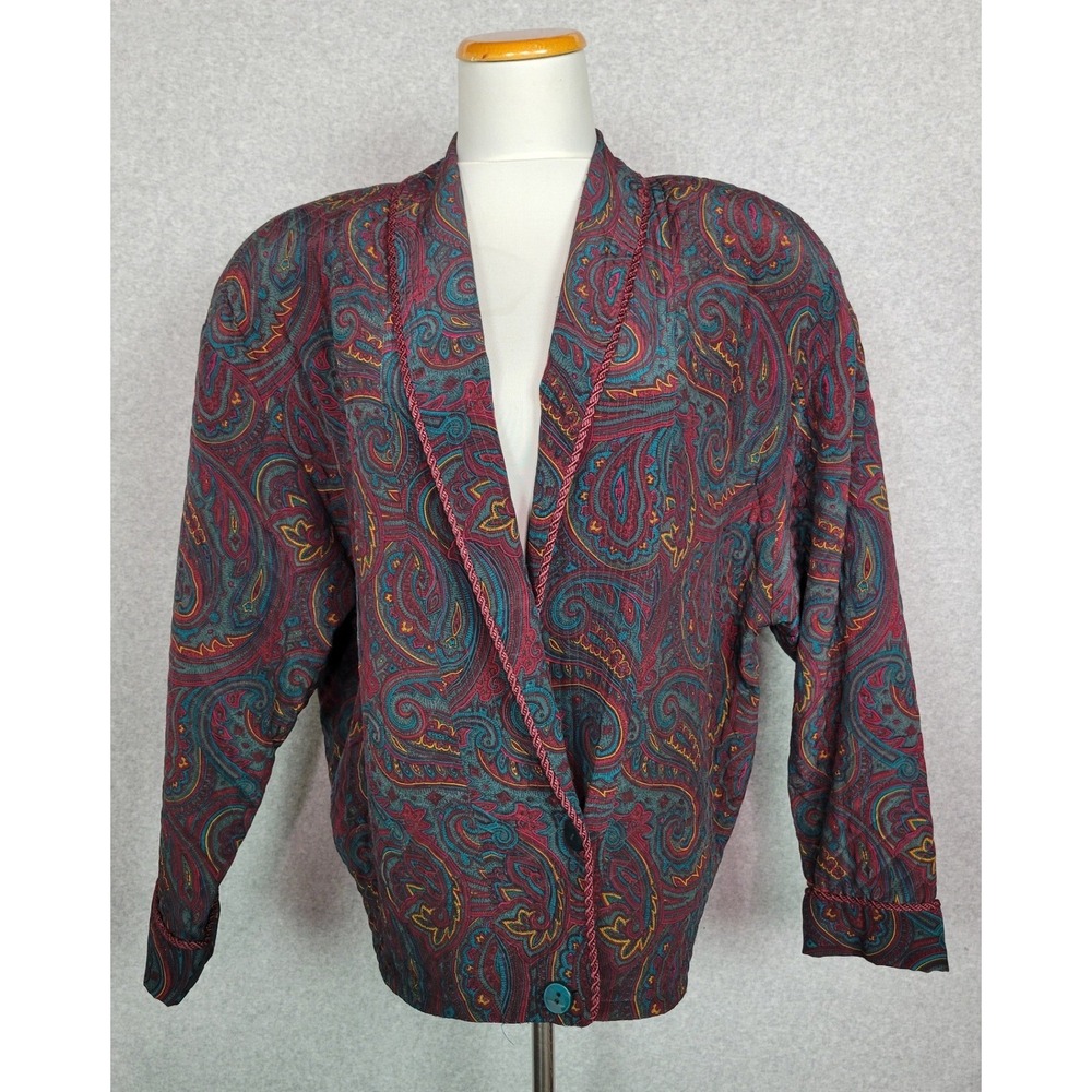 Vtg Linda Allard Ellen Tracy Silk Paisley Quilted Jacket Burgundy Oversized S
